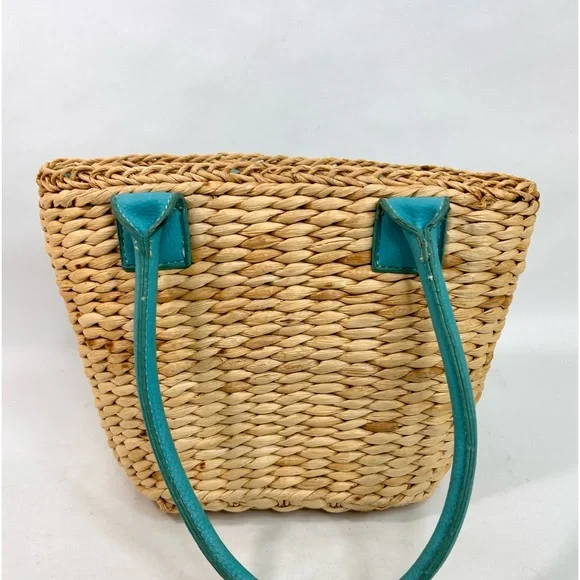 Caribbean Joe Straw Wicker Bag with Turquoise Leather Accents - Picture 4 of 11